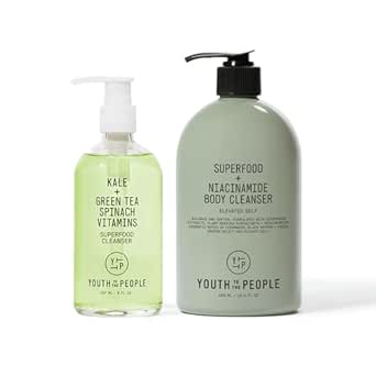 Youth To The People Superfood Cleanser Duo - Vegan Skincare Bundle Set - Superfood Kale   Green Tea Facial Cleanser (8 fl oz) - Superfood   Niacinamide Body Cleanser (16.4 fl oz) - for Face and Body