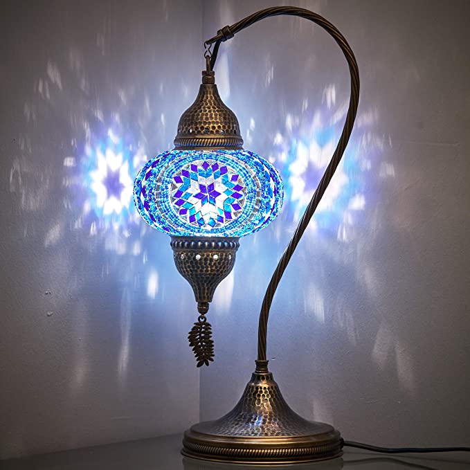 Turkish Moroccan Tiffany Style Handmade Colorful Mosaic Table Desk Bedside Night Swan Neck Lamp Light Lampshade, Blue, 19"