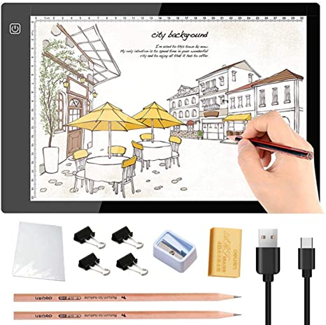 A4 LED Copy Board Light Pad, USB Power Cable Tracing Light Table Ultra-Thin A4 LED Copy Board, Drawing Display Pad Brightness Adjustable with Accessories