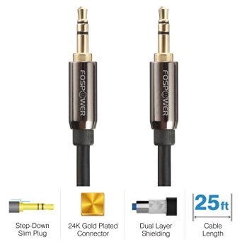 FosPower [25ft] 3.5mm Male to 3.5mm Male [AUX] Stereo Audio Cable - Step Down Design Auxiliary Cable for iPhone, iPod, Android Smartphones, Tablets, MP3 Players and More (25 feet)