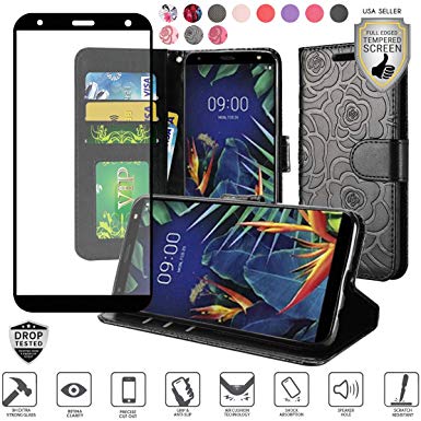 Compatible for LG Solo LTE L423DL/K40/Harmony 3 Case, with [Full Edged Tempered Glass Screen Protector], Premium Wallet Cover Case [Credit Card Slot] Women Men Designs (Rose Flower Pattern Black)
