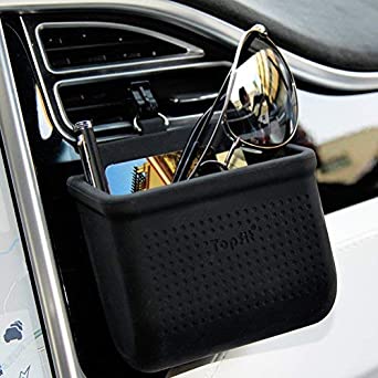 Car Air Vent Cell Phone Holder Car Mount Phone Holder Pocket Organizer Car Cradle Mount Pouch Bag Box Tidy Storage Coin Key Case Sunglasses Organizer with Hook- Black