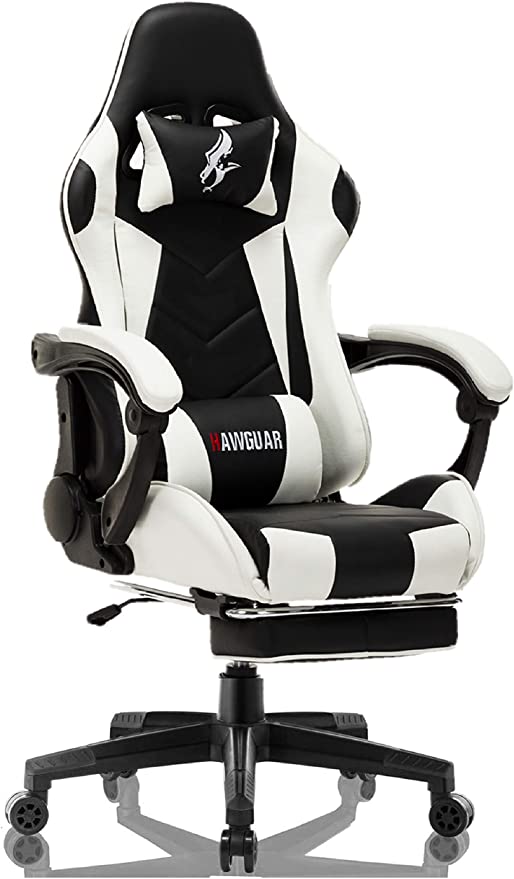 Gaming Chair Gamer Chaise with Footrest Ergonomic Video Game Racing Chair Adjustable Height and Tilt Lock with Headrest and Lumbar Support (WHITE)