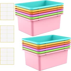 12 Pieces Plastic Cubby Bins Office Kids Storage Container Kids Toy Storage Organizer Bins with 1 Pack Self Adhesive Label for Classroom (Fresh Colors)