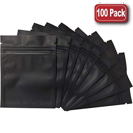 100 Pack Smell Proof Bags - 3 x 4 Inch Resealable Mylar Bags Foil Pouch Bag Flat Ziplock Bag Matte Black