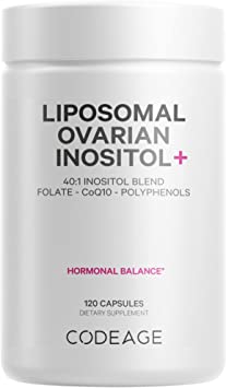 Codeage Liposomal Ovarian Inositol   Supplement - Myo-Inositol, D-Chiro-Inositol, Folate & CoQ10 Phytosome, 40:1 Blend for Hormonal Balance and Fertility Support, Vegan, Non-GMO, 120 Capsules