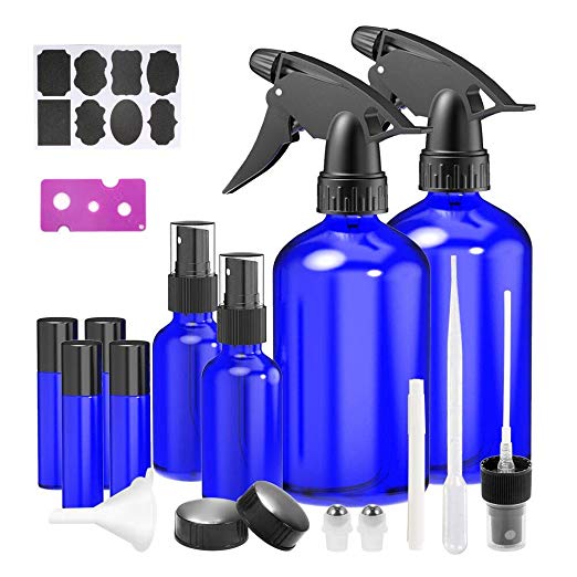 Glass Spray Bottles, 2 Trigger Sprayers with Screw Cap, 2 Mist Sprayers, 4 Roller Bottles for Essential Oils, Cleaning Products, Aromatherapy with Labels and Washable Marker, Cap, Dropper, Roller Ball