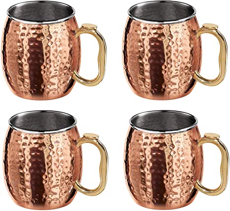 Oggi Hammered Moscow Mule Mugs (18 Oz Each) Copper Plated S/S with EZ-Grip Handle, Set of 4