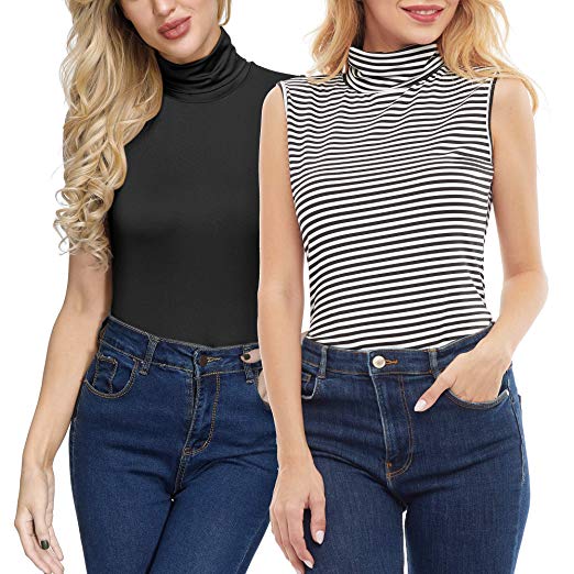 2 Pack Women Turtleneck Tops Sleeveless Mock High Neck Stretchy Layer T Shirts