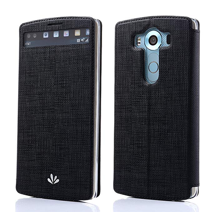 LG V10 case ,Feitenn Premium Flip PU Leather Wallet View Window Smart Case Stand Kicstand Card Holder Magnetic Closure TPU bumper full cover case for LG V10 (Black)