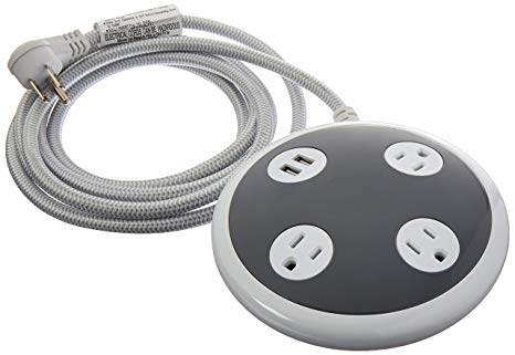 Surge Protector Power Strip with USB Charger, 3 Outlets, 2 USB Ports, 2.4A Fast Charging, 8 Ft Braided Extension Cord, Flat Plug, Round Desktop Power Center, 450 Joules, ETL Listed, Gray/White, 41386
