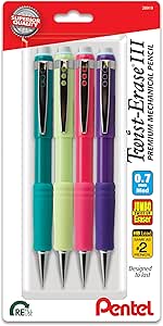 Pentel Twist-Erase III Mechanical Pencil, (0.7mm), Medium Line, Assorted Fashion Color Barrels, Pack of 4 (QE517FBP4M)