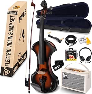 Pyle 4/4 Silent Electric Violin with Amplifier Kit - Solid Wood Fiddle w/ 10W Amp and Complete Accessories, Full Size Orchestral String Instrument For Beginner & Professional Use, Sunburst