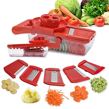 Joymee Mandoline Slicer Set, Cuts Fruits & Vegetables, Grates Cheese, 5 Interchangeable Stainless Steel Blades, Safety Holder. ( Red )
