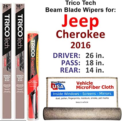 Beam Wiper Blades for 2016 Jeep Cherokee Driver/Passenger/Rear Trico Tech Beam Blades Wipers Set Bundled with MicroFiber Interior Car Cloth