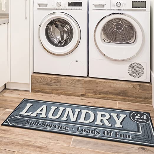 Machine Washable Border Text Design Laundry Room Rug Non-Slip Rubberback 2x5 Laundry Runner Rug for Laundry Room, Bathroom, Washroom, 20" x 59", Gray