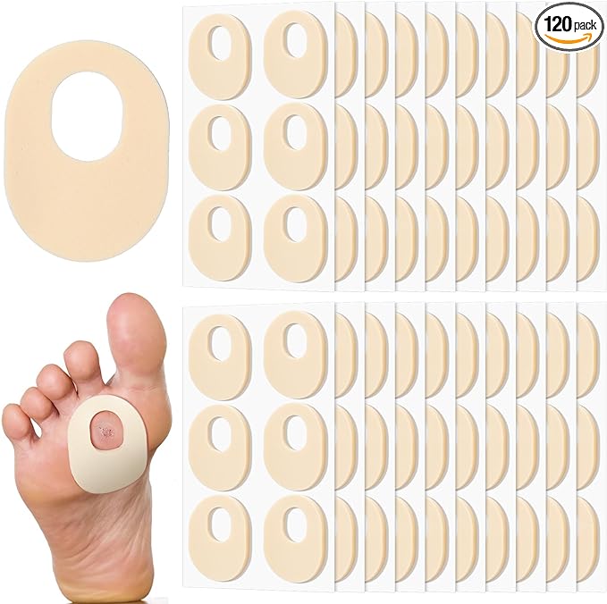 Nuanchu 120 Count Soft Foam Callus Cushions Oval Corn Cushion Pads Self Stick Adhesive Foot Care Cushions Waterproof Corn Protectors for Feet Women Men, Beige