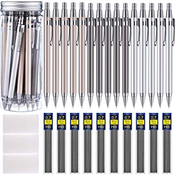 Boao 15 Pieces Metal Mechanical Pencils, 10 Tubes of Lead Refills and 3 Pieces Erasers with Clear Plastic Bottle, 0.7 mm (color set 1 0.7 mm)