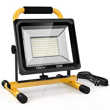 Olafus 60W LED Work Lights (400W Equivalent), 6000LM, 2 Brightness Modes, IP65 Waterproof Job Site Lighting with Stand for Construction Site, Jetty, Workshop, Garage 5000K Daylight White