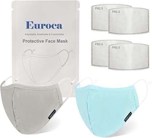 Euroca Reusable Face Masks with Filter Made from Cotton Fabric Washable with Nose Clips Adjustable Ear Loop for Men Women Teens- 2 Packs with 4 Filters (Blue Grey)