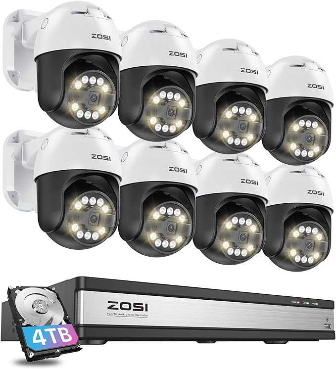 ZOSI 16 Channel 4K PoE Security Camera System with AI Face Person Vehicle Detection, 8 x 5MP 3K Outdoor Auto Tracking PT PoE IP Camera with Floodlights and 5X Digital Zoom, 4TB HDD for 24/7 Recording