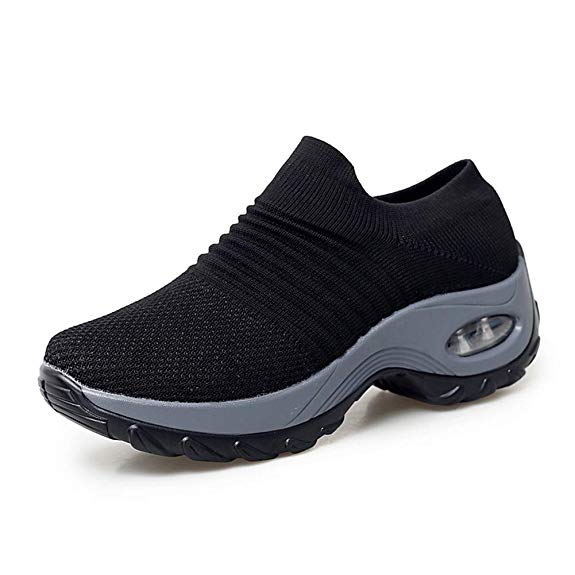 Womens Walking Shoes Breathable Fashion Mesh Sneakers Slip On Trainers Running Shoes Comfortable Platform Loafers Wedge Shoes