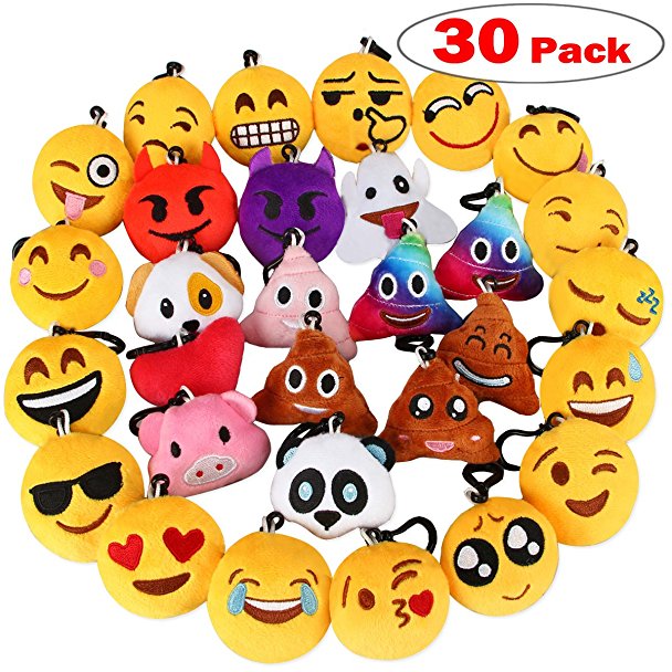 Emoji Keychain, Dreampark Emoji Key Chain Mini Plush Poop Pillows, Party Favors for Kids, Christmas / Birthday Party Supplies 2" Set of 30