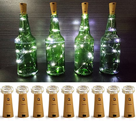 LXS Pack of 9 Cork Shape Wine Bottle Lights, Silver Wire Battery Operated Starry Rope Fairy Lights For Bottle DIY, Christmas Halloween Wedding Party Indoor Outdoor Decoration(Pure White)