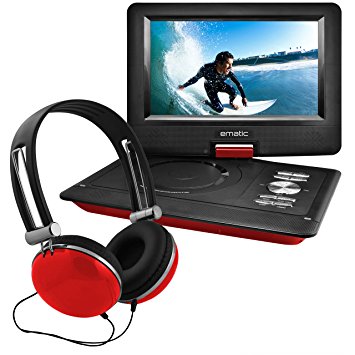 Ematic 10" Portable DVD Player Swivel Screen with Matching Headphones & Car Headrest Mount (Red)