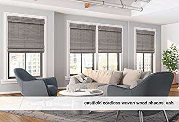 Cordless Woven Wood Roman Shades, 28W x 56H, Bayhead Grey, Any size 20" to 72 wide and 24" to 72 High
