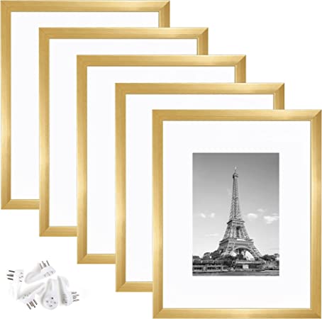 upsimples 8x10 Picture Frame Set of 5,Display Pictures 5x7 with Mat or 8x10 Without Mat,Wall Gallery Photo Frames,Gold