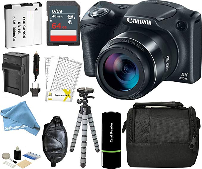 Canon PowerShot SX420 IS Digital Camera w/ 20MP, 42x Optical Zoom, 720p HD Video & Built-In Wi-Fi   64GB Card   Reader   Grip   Spare Battery and Charger   Tripod   DigitalAndMore Accessory Bundle