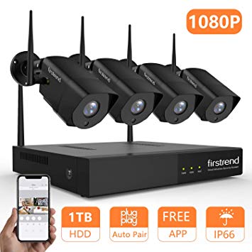 Security Camera System Wireless, Firstrend 1080P Wireless NVR System with 4pcs 1080P Security Camera and 1TB Hard Drive Pre-Installed, P2P Home Security Camera System with Free APP [Black]
