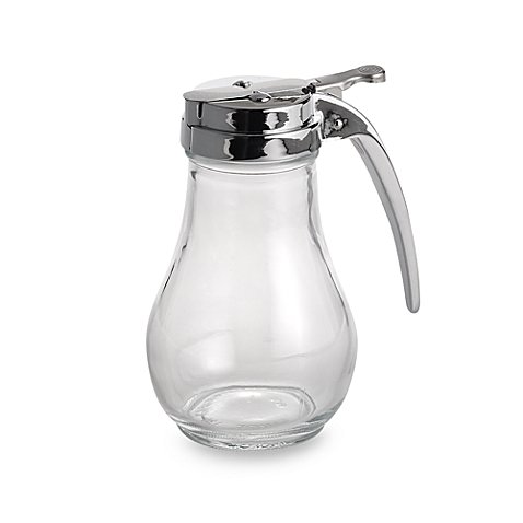 TableCraft 14 oz. Dripless Glass Syrup Server made of Clear glass with cast metal top, 3 1/2" L x 4 1/2" W x 6" H