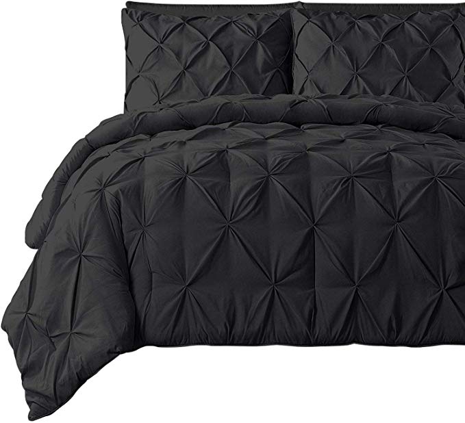 Pinch Pleated 3Pc Duvet Cover Set with Zipper Closure & Corner Ties, Premium (100% Natural Cotton) 740 Thread Count - (Oversize Super King 120'' x 98'', Black Solid)