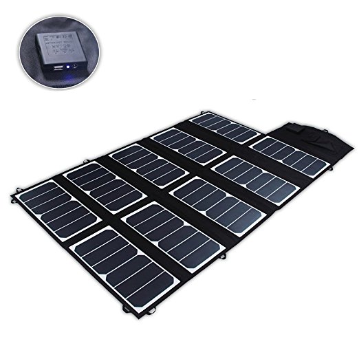 SUNKINGDOM™ 65W 2-Port DC USB Solar Charger with High-efficiency Portable Foldable Solar Panel PowermaxIQ Technology for iPhone, iPad, iPod, Samsung, Camera, and More (Black)