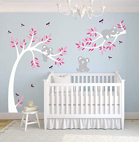 LUCKKYY Three Cute Koalas Tree Branches Wall Decal Wall Sticke Family Tree Wall Decal Vinyl Wall Sticker Baby Nursery Decor Kids Room Decoration (White)