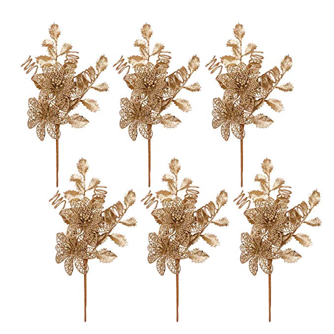 Valery Madelyn 6 Packs Gold Glitter Christmas Picks with Artificial Flower and Leave for Christmas Decoration and Home Decor