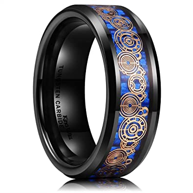 King Will Mens 8mm Black/Silver Tungsten Carbide Wedding Ring Blue/Black Carbon Fiber & Rose Gold Unique Pattern Inlay High Polished