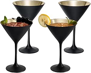 MyGift 8 Ounce Modern Matte Black and Metallic Gold Tone Plated Martini Glasses, Drinking Glass for a Cocktail Party, Wedding, or Anniversary Dinner, Set of 4