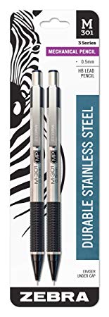 Zebra M-301 Stainless Steel Mechanical Pencil, 0.5mm Point Size, Standard #2 HB Lead, Black Grip, 2-Count