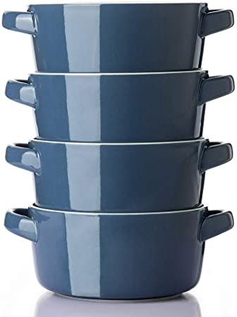 DOWAN Soup Bowls with Handles, Ceramic Soup Cereal Bowls Set 24 Ounces, French Onion Soup Bowls Oven Microwave Dishwasher Safe,Large Stackable Handled Bowls Set of 4, Haze Blue