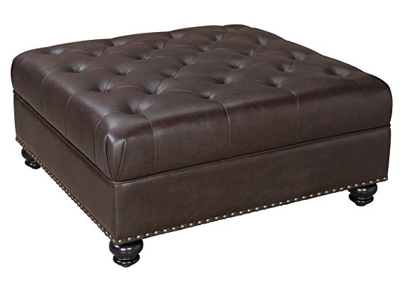 Hastings Brown Tufted Faux Leather Ottoman, Brown