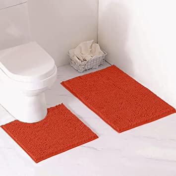 LuXurux Soft Chenille Area Rug Set, 2 Piece Sets, U-Shape Contoured Toilet Base Mat & 30x20 Mat, Absorbent Washable Mats, Microfiber Dries Quickly, Bath Rugs for Tub, Bathroom (Small, Coral)