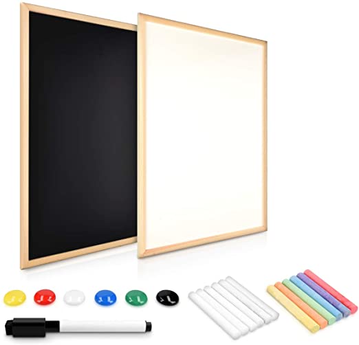 Navaris Double-Sided Chalkboard Whiteboard - 16" x 24" Wall Blackboard Magnetic Dry Erase Message Board - Includes Chalk and Magnets - Wood Frame