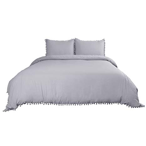 PiccoCasa Solid Color 100% Wash Cotton 3 Piece Duvet Cover Set with Pompon Tassels High Thread Count Bedding Pillowcases Sets - Comfortable Breathable Fade and Stain Resistant - Queen Gray