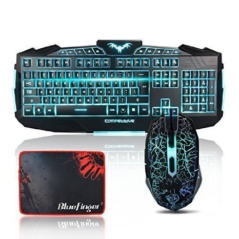 Bluefinger® Newest Arrival USB Wired LED Illuminated Backlit Three Adjustable Color Keyboard and Mouse Combo Comes with Bluefinger® Customized Mousepad