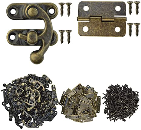 Marrywindix 80pcs Small Box Hinges, 40 Sets Antique Right Latch Hook Hasp Wood Jewelry Box Hasp Catch Decoration with 480 Pieces Replacement Screws - Bronze Tone