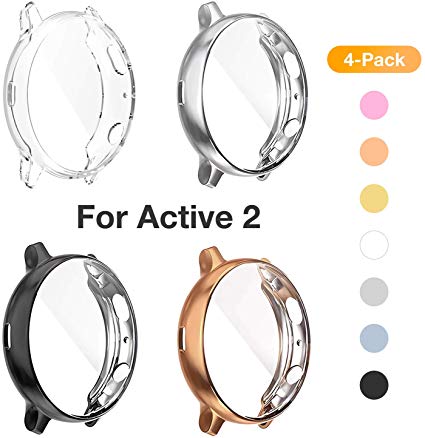 Yolovie (4 Pack) Screen Protector Case Compatible for Samsung Galaxy Watch Active 2 40mm Silicone Rugged Bumper All-Around Protective Plated Shell Face cover (Active2 40mm Clear/Sliver/Black/RoseGold)