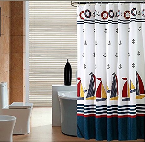 Uforme Nautical Shower Curtain Polyester Durable, Shabby Chic Decor Bathroom Curtains Anti-Mildews and Waterproof with Hooks, Multi-color/Blue, X-long, 72 Inch By 78 Inch